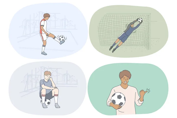 Jugador de fútbol profesional, pelota de fútbol y concepto de partido — Vector de stock