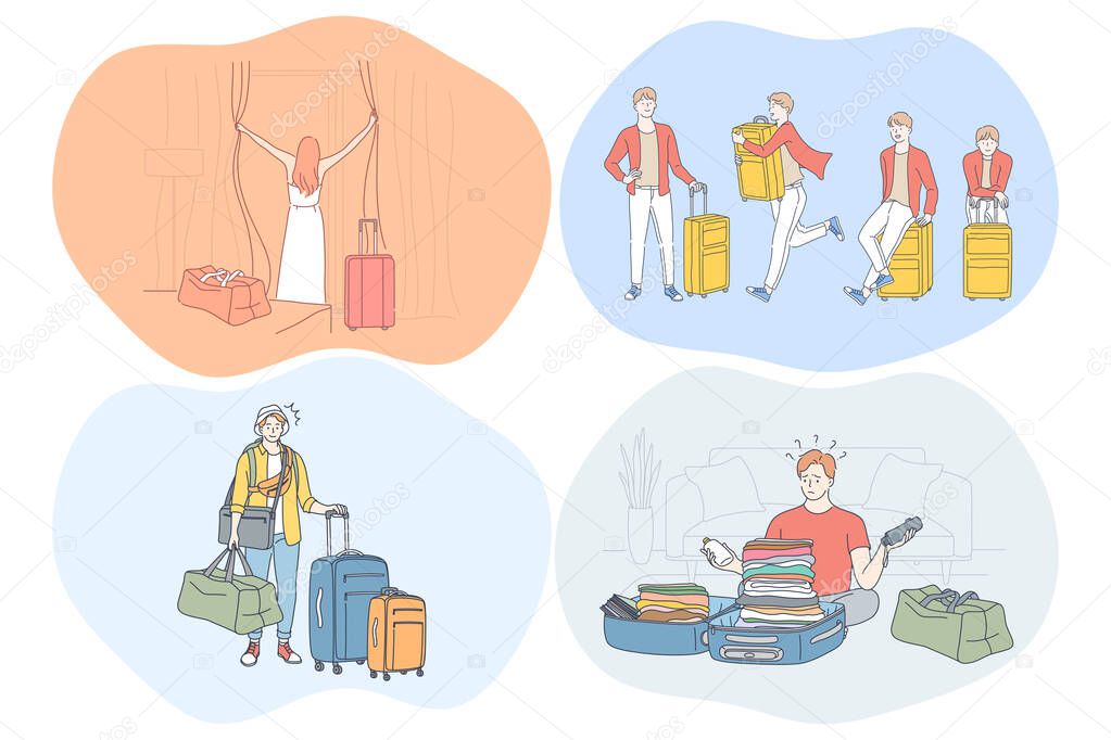 Travelling with luggage, vacations and journey with suitcases concept