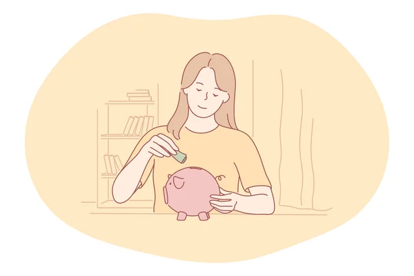 Ahorro de dinero, piggybank, concepto de presupuesto — Vector de stock