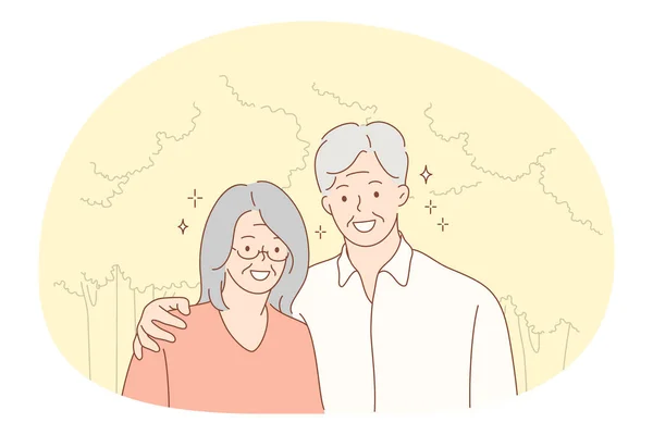 Mutlu ve aktif bir yaşam tarzı olan yaşlı bir çift. — Stok Vektör
