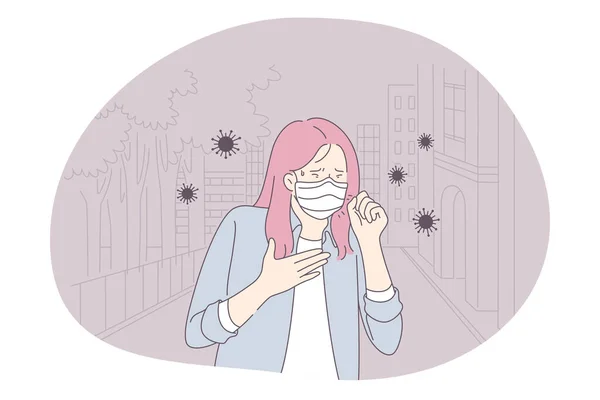 Peligro o infección por coronavirus epidemia, máscara facial protectora, concepto pandémico — Vector de stock