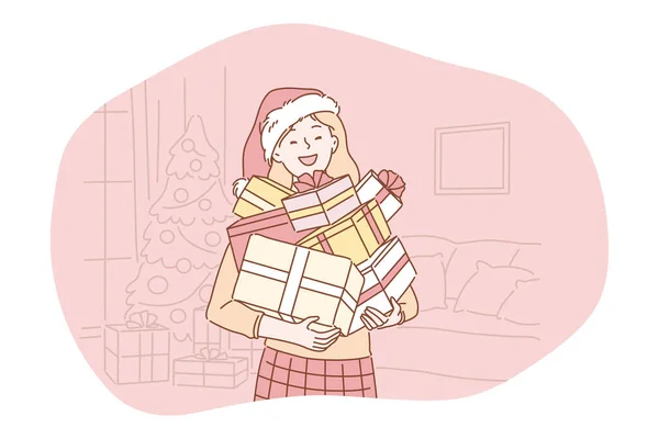 Regalo de Navidad, Santa Claus, celebración de Año Nuevo y concepto de vacaciones de invierno — Vector de stock