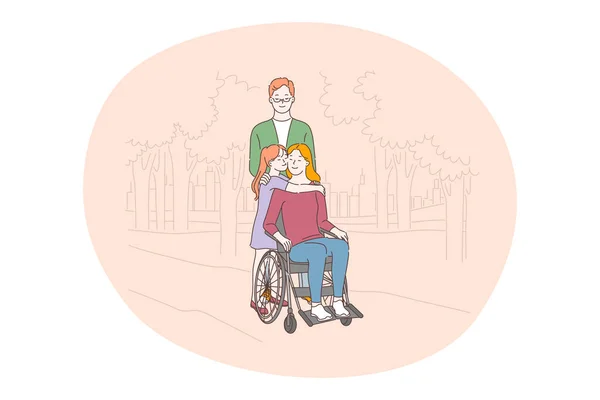 Personnes handicapées en fauteuil roulant vivant heureux concept de mode de vie actif — Image vectorielle