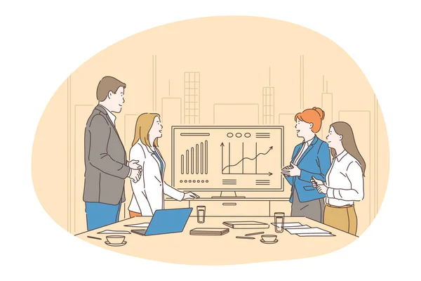 Teamwork, onderhandelingen, brainstormen in kantoor concept — Stockvector