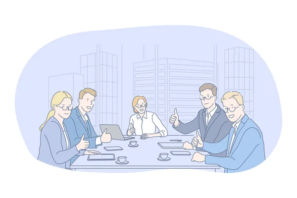 Travail d'équipe, négociations, succès dans le concept de bureau — Image vectorielle