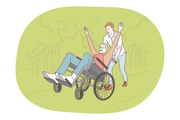 轮椅上的残疾人快乐、积极的生活方式概念 — 图库矢量图片