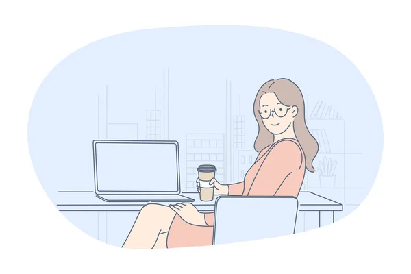 Travailler dans le bureau, intérieur moderne de l'entreprise, concept de communication en ligne — Image vectorielle