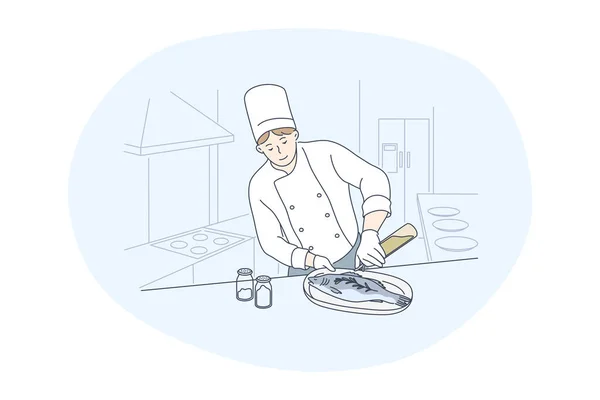 Кулінарія, професійний шеф-кухар, концепція ресторану — стоковий вектор