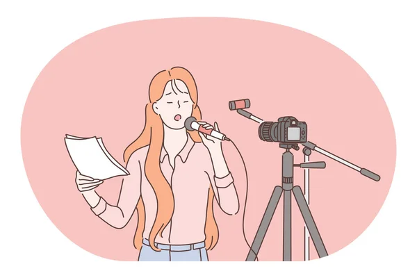 Job, career, woman working in media concept. — 스톡 벡터