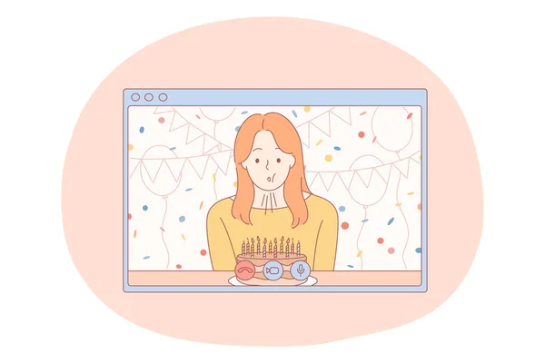 생일 축하, 온라인 축하, 촛불 케이크 컨셉 — 스톡 벡터