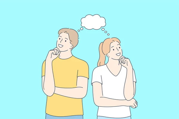 Pensamiento positivo, pareja en pensamientos, gente alegre concepto — Vector de stock