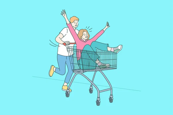 Faire du shopping drôle, S'amuser, concept de convivialité — Image vectorielle