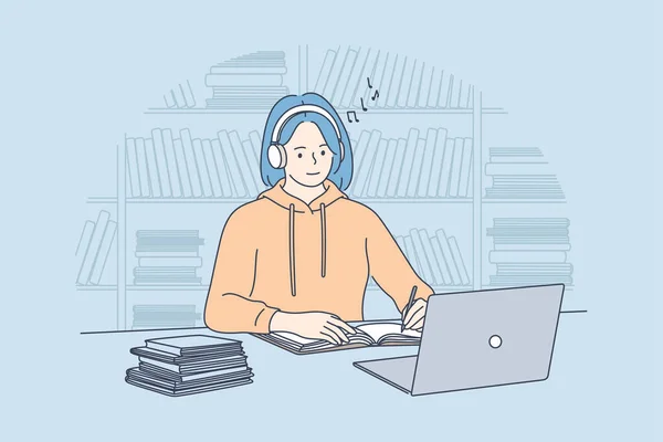 Uso de aparatos, escuchar música durante el concepto de e-learning — Vector de stock