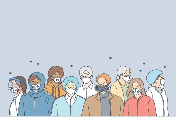 Люди в захисних медичних масках, нова нормальна концепція соціальної реальності — стоковий вектор