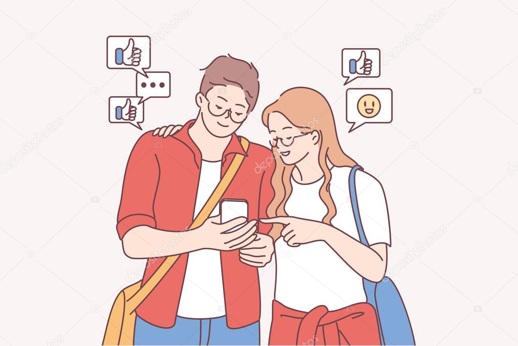 Online communication, sharing and liking posts in internet concept