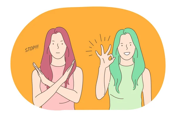 Lenguaje de señas, gestos, manos concepto de comunicación — Vector de stock