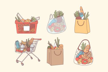Shopping bags and grocery purchases concept clipart