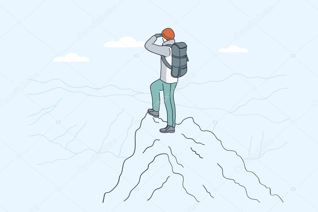 Hiking on mountains, backpacker, traveling concept