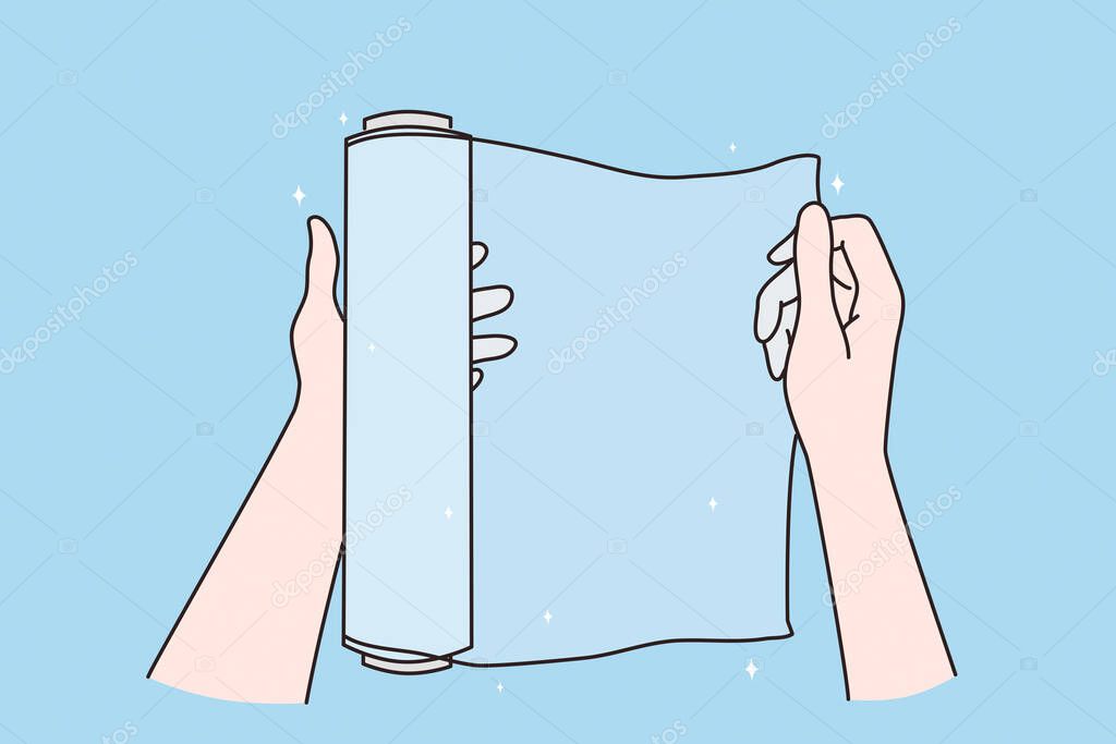 Packing things, copy space and mockup concept. Female hands using roll of transparent plastic cling film for packaging food on blue background vector illustration