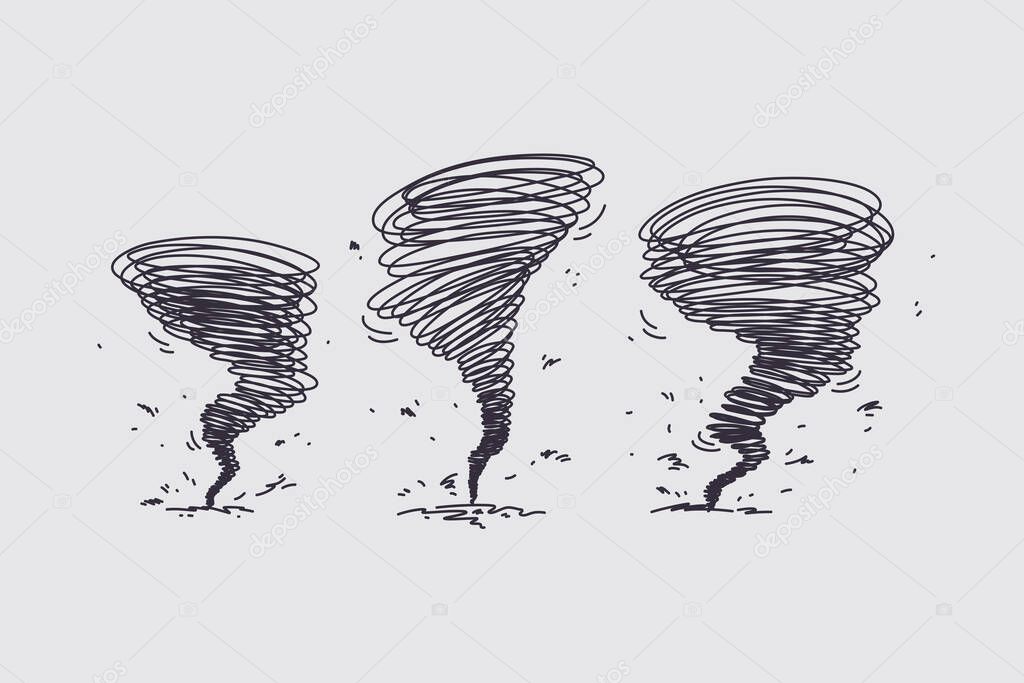 Tornado hurricane on nature concept. Silhouettes of natural disasters tornado with center going closer ruining everything on way vector illustration