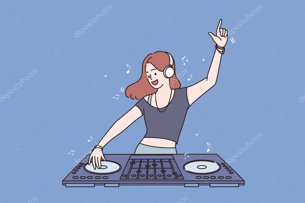 Working as dj in club concept. Young smiling girl teen cartoon character standing and making musical mix with special equipment and working as dj feeling fun vector illustration