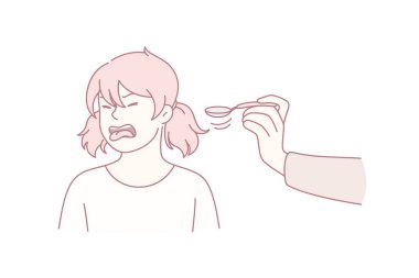 İştah sorunları çocuklar konsepti. Sinirli küçük kız çizgi film karakteri elle çizim yaparak kaşıktan yemek yemeyi reddediyor.