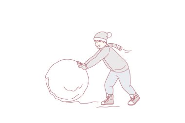 Kışlık elbiseli mutlu küçük çocuk dışarıda tek başına oynayarak eğleniyor. Gülümseyen küçük çocuk yeni yılın ya da tatilin tadını çıkarıyor. Çocukluk konsepti. Düz vektör illüstrasyonu.