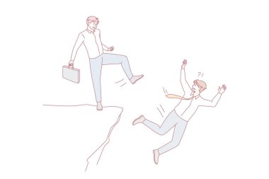 İş adamı, erkek meslektaşını uçurumdan ya da tepeden attı. Adam iş yerindeki rakibini ortadan kaldırıyor. Rekabet ve rekabet konsepti. Hile yapan rakip ya da ortak. Düz vektör illüstrasyonu.