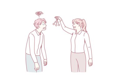 Kadınlar zayıf erkekleri hipnotize eder. Kadın lider, erkek meslektaşını ya da iş arkadaşını kontrol ediyor. İş kadını müşteriyi ya da müşteriyi ikna eder. Yönetim ve liderlik. Manipülasyon konsepti. Düz vektör illüstrasyonu.