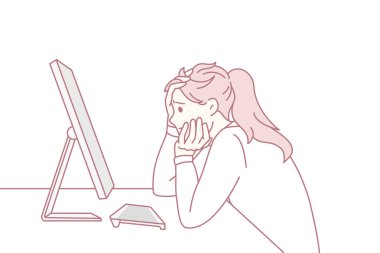 İnternette çalışan endişeli kadın son teslim tarihi konusunda stresli. Endişeli kız bilgisayar çalışmasıyla meşgul internette sınava hazırlan. Kadının aletle ilgili sorunları var. Spam, virüs konsepti. Vektör illüstrasyonu.