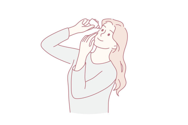 Здравоохранение и гигиена глаз. Молодая улыбающаяся женщина мультяшный персонаж стоит положить медицинские капли на глаза векторной иллюстрации