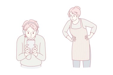 Kızgın anne, ergen oğluna cep telefonu cihazı kullanarak kulaklıkla ders veriyor. Kızgın anne, ergen çocuğun aşırı akıllı telefon kullandığına yemin ediyor. Sosyal medya bağımlılığı. Vektör illüstrasyonu.