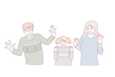 Kızı olan korkmuş bir aile beklenmedik kötü haberlerle dehşete düşer. Küçük kız çocuğu olan mutsuz ebeveynler korku duyar. Panik atak. Düz vektör illüstrasyonu.