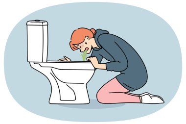 Kadın yüksek kaliteli ürün tüketiminin yol açtığı gıda zehirlenmesi veya alkol zehirlenmesi nedeniyle tuvalete kusar. Sebepsiz yere kusan ve hastalanan kızda kalp krizi belirtileri.