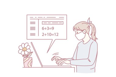 Yüz maskesi araştırması yapan hasta kız ev karantinasında dizüstü bilgisayarında. Yüz maskesi takan hasta çocuk tecrit bilgisayarında uzaktan eğitim görüyor. Uzaktan eğitim, covid-19. Düz vektör illüstrasyonu.