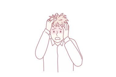 Endişeli genç adam panik atak ya da anksiyeteden dolayı endişeli hissediyor. Mutsuz, sağlıksız bir adam depresyonla ya da zihinsel sorunlarla boğuşuyor. Psikolojik dengesizlik kavramı. Vektör illüstrasyonu.