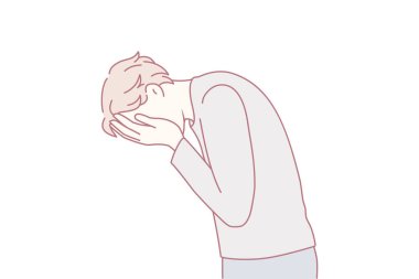 Mutsuz adam, sahte yüz ağlaması ruhsal sorunlar yüzünden depresyona girer. Hayati sorunları olan üzgün bir adam. Depresyon ve sinir bozukluğu. Panik atak. Vektör illüstrasyonu.