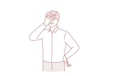 Stresli ve uykulu hissediyorum. Genç adam çizgi film karakteri elleri ile yüzünü kapatarak iş vektörü illüstrasyonunda yorgun hissediyor.