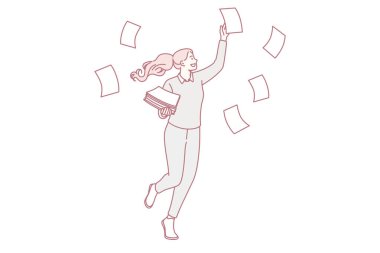 Çoklu görev ve iş konsepti. Genç gülümseyen kadın çizgi film karakteri ofiste yürüyor ve vektör illüstrasyonlu uçan kağıt kağıtlar topluyor.