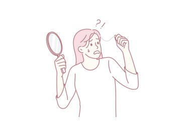 Endişeli kadın aynaya baktığında erken yaştan korkan gri saçlar buluyor. Mutsuz bir kadın strese girerse şoke olur ve saçları ağarır. Hayat, konsepti değiştirir. Olgunluk. Düz vektör illüstrasyonu.