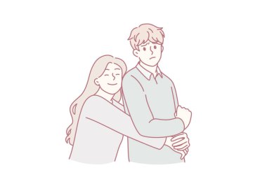 Eşit olmayan ilişkiler ve duygular konsepti. Ayakta duran genç çift depresif ve hayal kırıklığına uğramış erkek vektör illüstrasyonunu kucaklamayı seviyor.