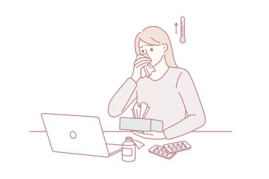 Ateş ve hastalık konsepti. Genç kadın işçi çizgi film karakteri dizüstü bilgisayarında oturuyor. Yüksek ateşi ve hasta vektör çizimi var.