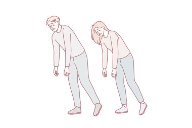 Yorgunluk ve genel yorgunluk konsepti. Genç bir adam ve kadın elleri aşağıda yürüyor. Yorgun bir zombi vektör çizimi hissediyorum.