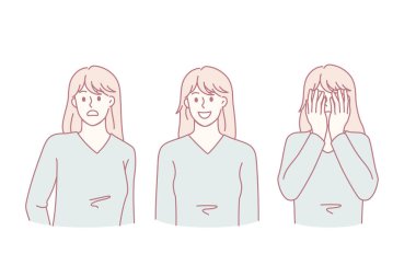 Genç beyaz kadın farklı duygular gösterir, hayal kırıklığı, mutluluk ve korku. Milenyum kızı çeşitli yüz ifadeleri sergiliyor, duygusal hissediyor. Vektör illüstrasyonu, çizgi film karakteri.