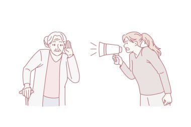 Kız hoparlörden bağırıyor ve duyma sorunu olan yaşlı bir büyükanneyle konuşuyor. Genç bayan hoparlör yaşlı kadına bağırarak bağırıyor sağırlıktan muzdarip. Olgunluk. Vektör illüstrasyonu.