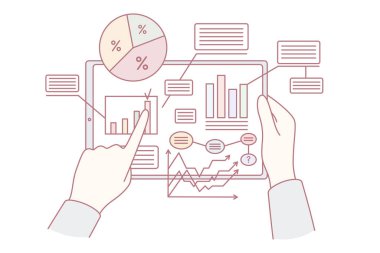 İş verileri ve istatistik konsepti. Ekran vektörü illüstrasyonunda geliştirme istatistikleri olan tableti tutan insan elleri