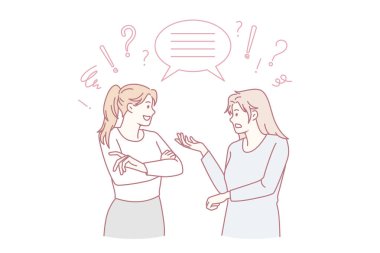 Kadınların iletişimi çok kültürlü yanlış anlaşılmalarla karışıyor. Bayan meslektaşlar grup konuşmasında konuşurlar. Uluslararası sohbet konsepti. Düz vektör çizimi. Konuşma balonu.