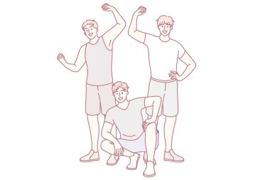 Sporcular ve spor yaşam tarzı konsepti. Bir grup gülümseyen güçlü adam antreman vektörü illüstrasyonundan sonra pazılarını gösteriyorlar.