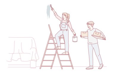 Mutlu çift birlikte ev tadilatı ya da dekorasyon yapıyor. Gülümseyen adam ve kadın duvarları boyuyor, evi ya da daireyi dekore ediyorlar. İç tasarım konsepti. Vektör illüstrasyonu, çizgi film karakteri.