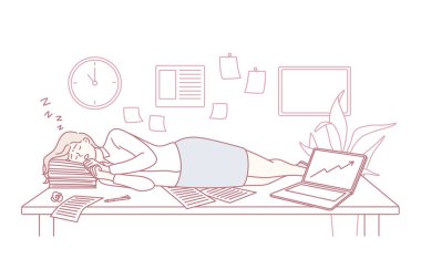 Yorgunluk ve yorgunluk kavramı. Genç kadın çizgi film karakteri uzanıyor ve gazetelerin ve dizüstü bilgisayarın yanında uyuyor.